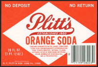 Vintage soda pop bottle label PLITTS ORANGE SODA York PA new old stock n-mint+