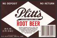 Vintage soda pop bottle label PLITTS ROOT BEER York PA new old stock n-mint+