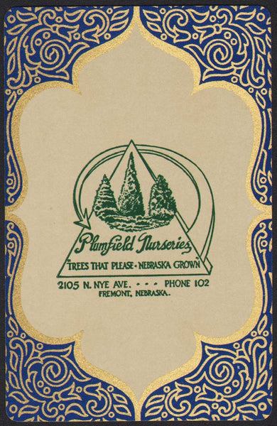 Vintage playing card PLUMFIELD NURSERIES blue background trees Fremont Nebraska