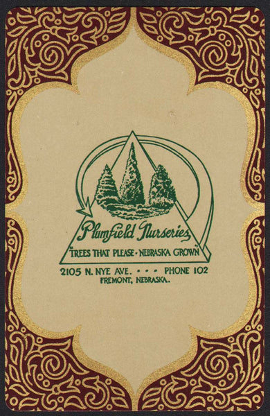 Vintage playing card PLUMFIELD NURSERIES maroon background Fremont Nebraska