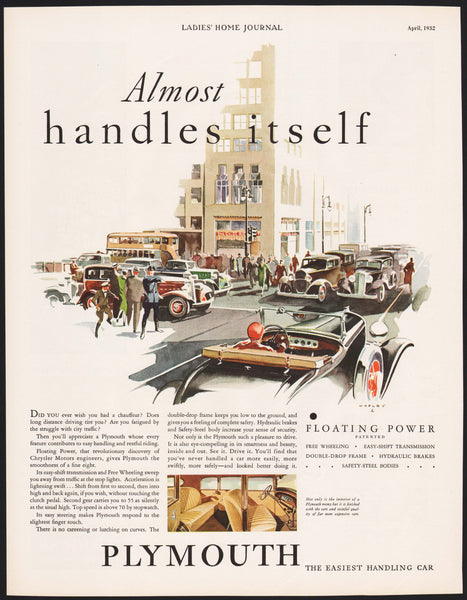 Vintage magazine ad PLYMOUTH car from 1932 street scene illustrated by Waples