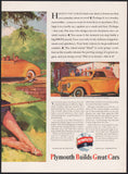 Vintage magazine ad PLYMOUTH from 1940 boy fishing Harold Anderson art 2 page