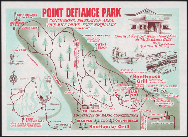Vintage placemat POINT DEFIANCE PARK Boathouse Grill Tacoma Washington n-mint+