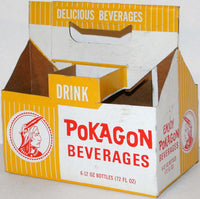 Vintage soda pop bottle carton POKAGON BEVERAGES 12oz size picturing an indian