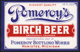 Vintage soda pop bottle label POMEROYS BIRCH BEER Manistee Michigan unused n-mint+