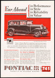 Vintage magazine ad PONTIAC BIG SIX from 1929 indian logo and 4 Door Sedan pics