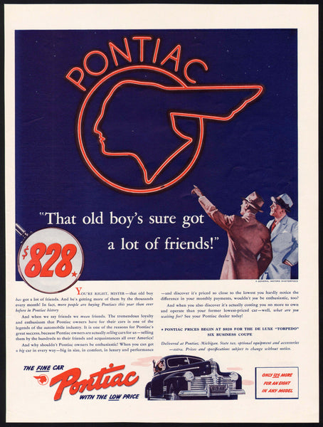 Vintage magazine ad PONTIAC AUTOMOBILES from 1941 neon Indian logo General Motors