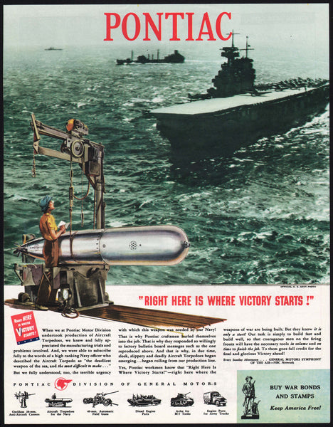 Vintage magazine ad PONTIAC from 1944 Where Victory Starts carrier and torpedo