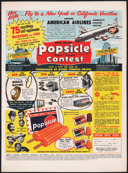 Vintage magazine ad POPSICLE CONTEST 1957 American Airlines airplane and prizes