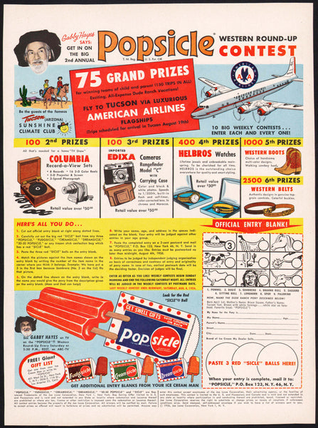 Vintage magazine ad POPSICLE CONTEST from 1956 Gabby Hayes American Airlines