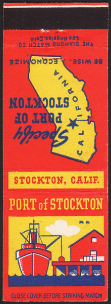 Vintage matchbook cover PORT OF STOCKTON California state shape and ship pictured