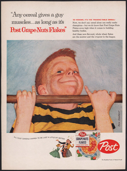 Vintage magazine ad POST GRAPE NUTS 1957 boy doing chin ups Dick Sargent artwork
