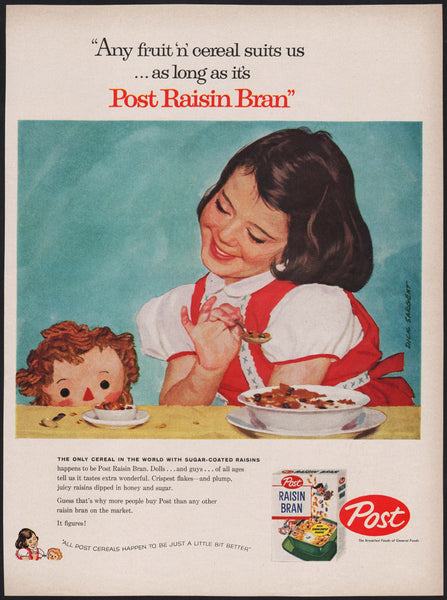 Vintage magazine ad POST RAISIN BRAN 1958 little girl with doll Dick Sargent art