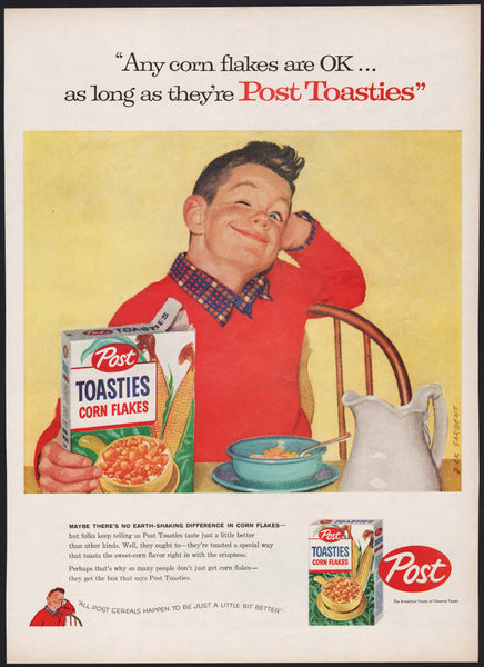 Vintage magazine ad POST TOASTIES CORN FLAKES 1957 boy pictured Dick Sargent art