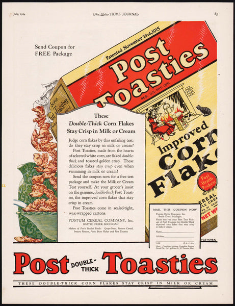 Vintage magazine ad POST TOASTIES Double Thick 1924 cereal box pictured Fletcher art