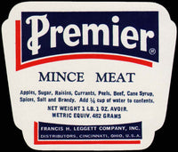 Vintage label PREMIER MINCE MEAT Francis Leggett Cincinnati Ohio unused n-mint+