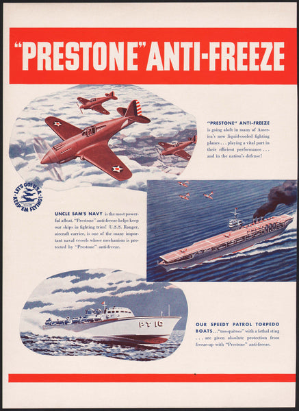 Vintage magazine ad PRESTONE ANTI-FREEZE from 1941 tank aircraft carrier 2 page