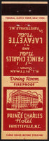 Vintage matchbook cover PRINCE CHARLES HOTEL with picture Fayetteville North Carolina