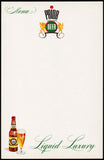 Vintage menu PRIOR BEER Liquid Luxury slogan bottle and glass pictured n-mint+