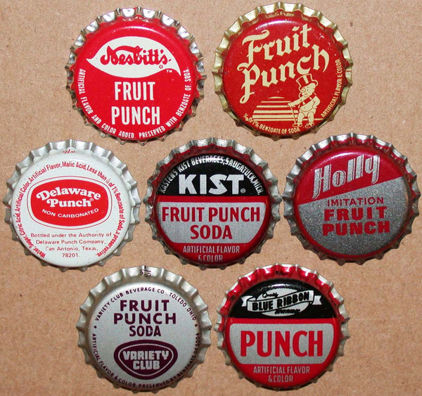 Vintage soda pop bottle caps PUNCH FLAVORS Lot of 7 different new old stock