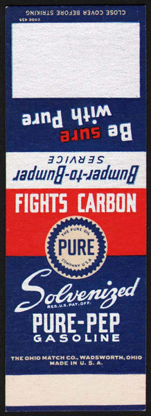 Vintage matchbook cover PURE gas oil Solvenized Pure Pep Gas salesman sample