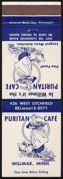 Vintage matchbook cover PURITAN CAFE with a woman pictured Willmar Minnesota