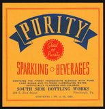 Vintage soda pop bottle label PURITY SPARKLING BEVERAGES Pittsburgh PA unused
