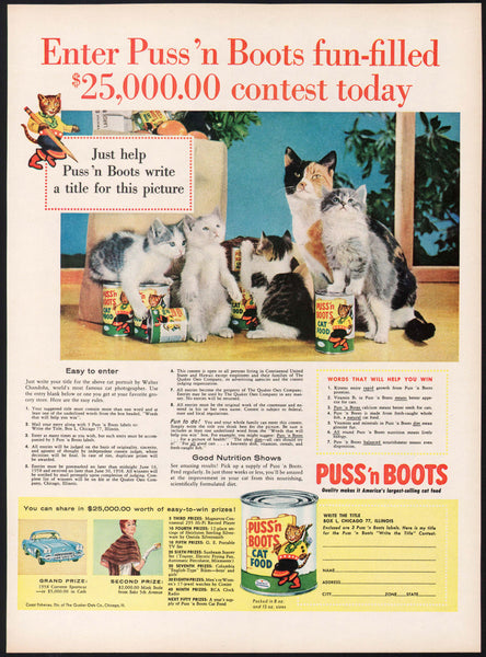 Vintage magazine ad PUSS N BOOTS CAT FOOD 1958 kitties and contest entry picture