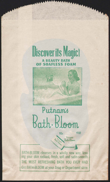 Vintage bag PUTNAMS BATH BLOOM woman bathing Monroe Chemical Quincy ILL n-mint