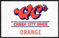 Vintage soda pop bottle label QCs QUEEN CITY DINER ORANGE large unused n-mint+
