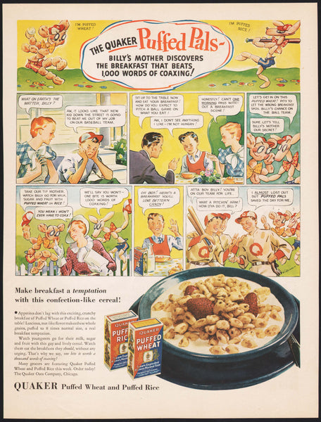 Vintage magazine ad QUAKER Puffed Wheat Rice Puffed Pals cartoon Williams art