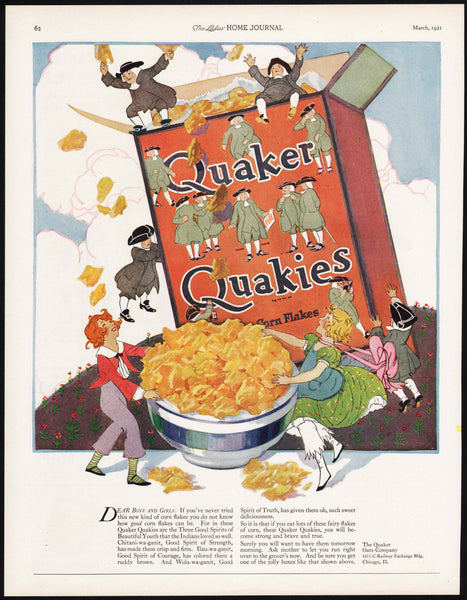 Vintage magazine ad QUAKER QUAKIES from 1921 corn flakes cereal cartoon Quakers