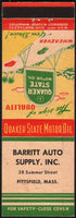 Vintage matchbook cover QUAKER STATE MOTOR OIL sign Barritt Auto Pittsfield Mass
