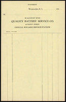 Vintage receipt QUALITY BATTERY SERVICE Willard Station from 1930s Woonsocket RI