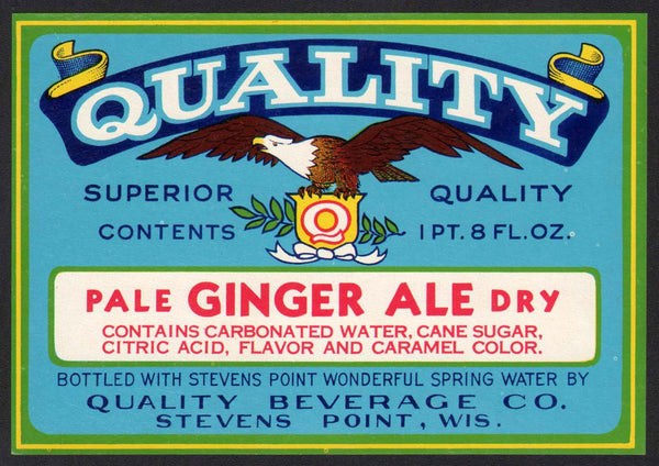 Vintage soda pop bottle label QUALITY GINGER ALE eagle Stevens Point Wisconsin
