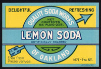 Vintage soda pop bottle label QUALITY LEMON SODA Oakland California unused n-mint