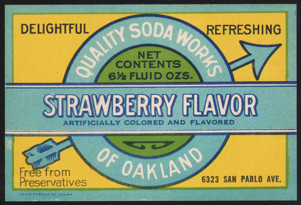 Vintage soda pop bottle label QUALITY STRAWBERRY Oakland California unused n-mint