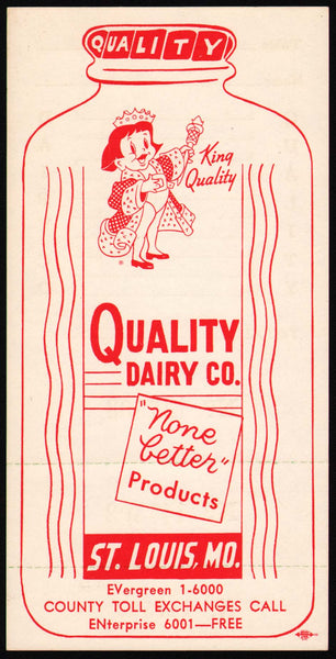 Vintage tally card QUALITY DAIRY with king pictured St Louis Missouri n-mint+