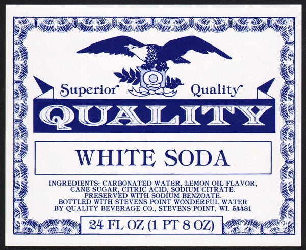Vintage soda pop bottle label QUALITY WHITE SODA eagle Stevens Point Wisconsin