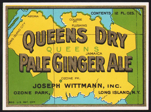 Vintage soda pop bottle label QUEENS DRY GINER ALE map pictured Long Island NY