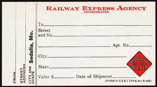 Vintage shipping label RAILWAY EXPRESS AGENCY Sedalia Missouri 1946 unused n-mint+