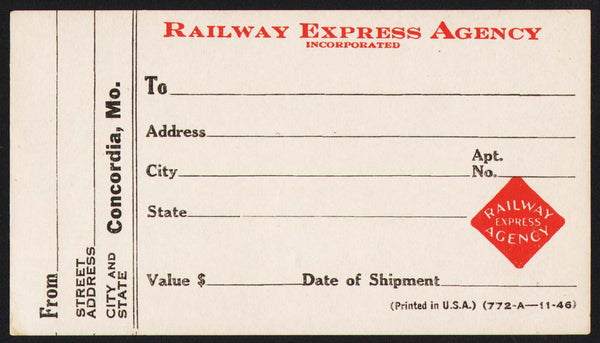 Vintage shipping label RAILWAY EXPRESS AGENCY 1946 Concordia Missouri n-mint+