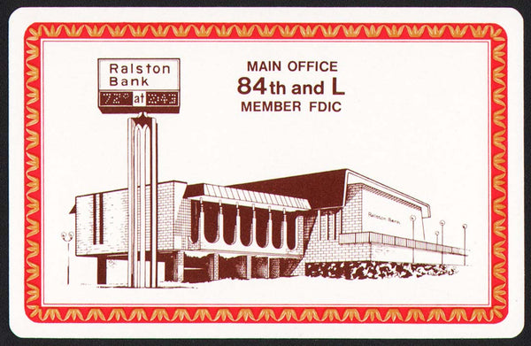 Vintage playing card RALSTON BANK orange border building pictured Ralston Nebraska