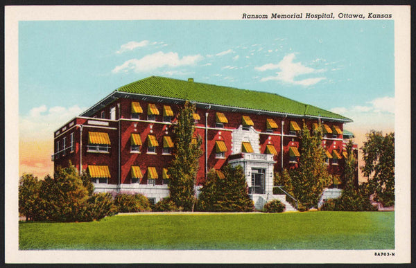 Vintage postcard RANSOM MEMORIAL HOSPITAL building pictured Ottawa Kansas unused