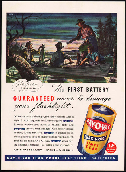 Vintage magazine ad RAY-O-VAC BATTERY from 1941 picturing men fishing at night