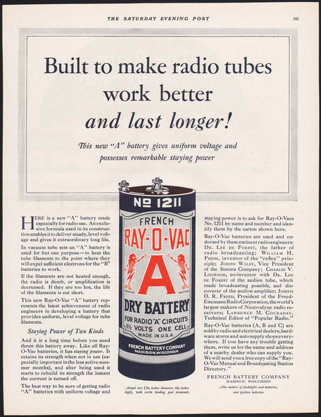 Vintage magazine ad RAY-O-VAC DRY BATTERY from 1926 French Co Madison Wisconsin