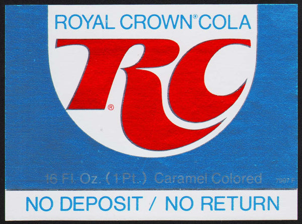 Vintage soda pop bottle label RC ROYAL CROWN COLA 16oz NDNR new old stock n-mint