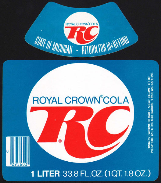Vintage soda pop bottle label RC ROYAL CROWN COLA 1 Liter new old stock n-mint+