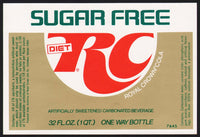 Vintage soda pop bottle label RC ROYAL CROWN COLA Sugar Free Diet unused n-mint