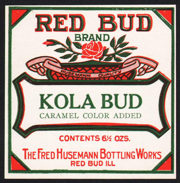 Vintage soda pop bottle label RED BUD KOLA BUD rose pic Fred Husemann Illinois